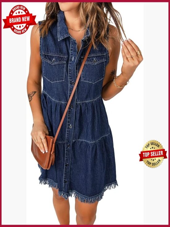 Dresses & Skirts - Casual Summer Lapel Sleeveless Button Down Short Denim Jean Dress